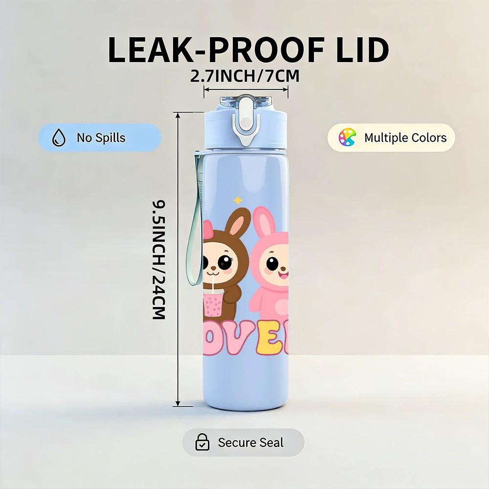 1PC Bunny Lovely Letter 750ml Color Plastic Sports Water Bottle Leakproof Flip Straw Lid Suitable for Sports Office Home Use