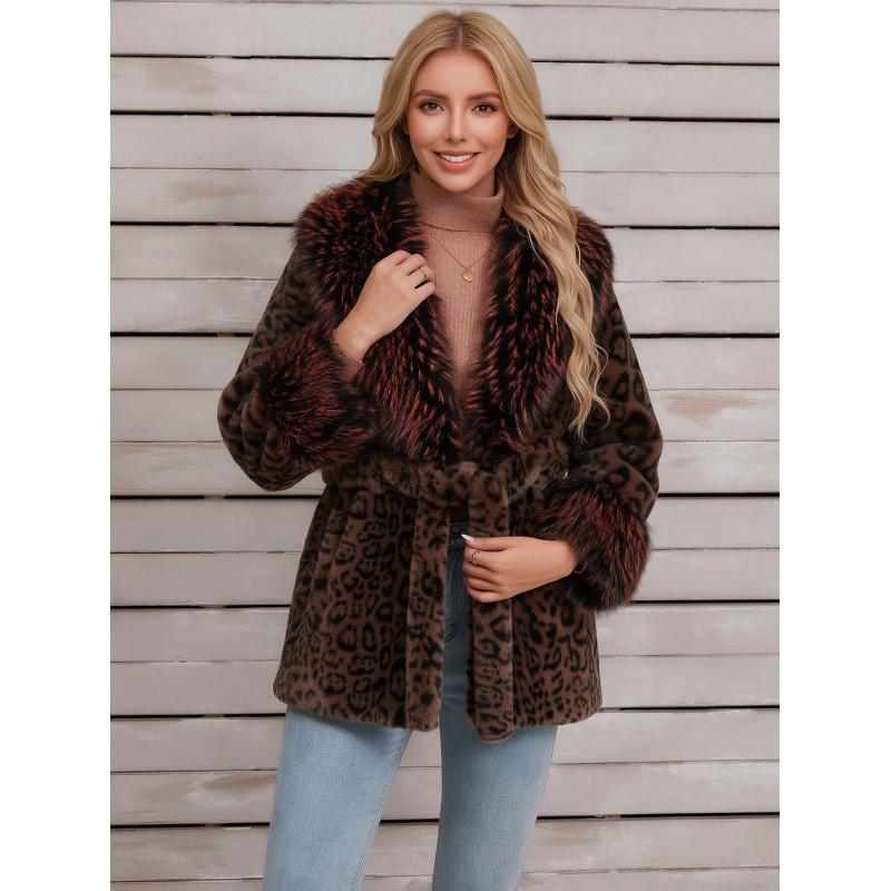 Womens Short Faux Fur Coat Leopard Print Belted Warm Leather Plush Outerwear