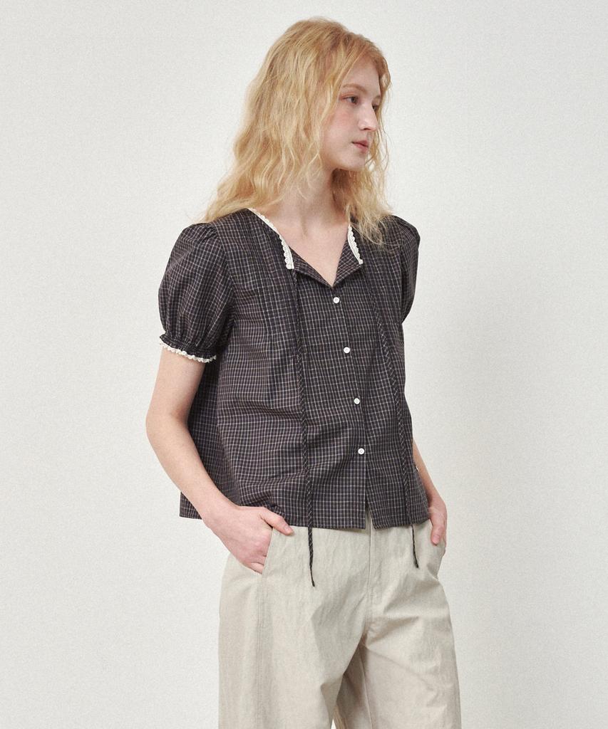 OSTKAKA Pintuck Lace Blouse Gray Check