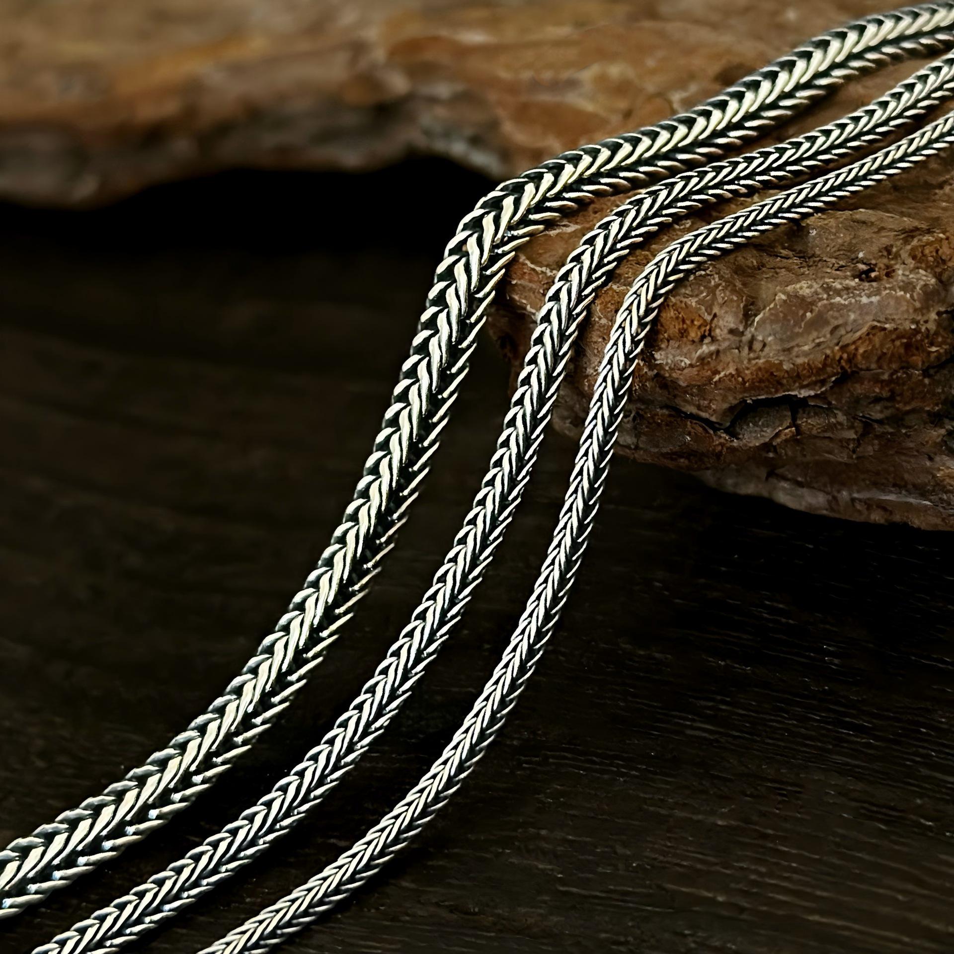 

S925 Sterling Silver Sweater Chain Necklace with Square Pendant and Woven Fox Tail Design for Men and Women. 1.5mm x 75cm