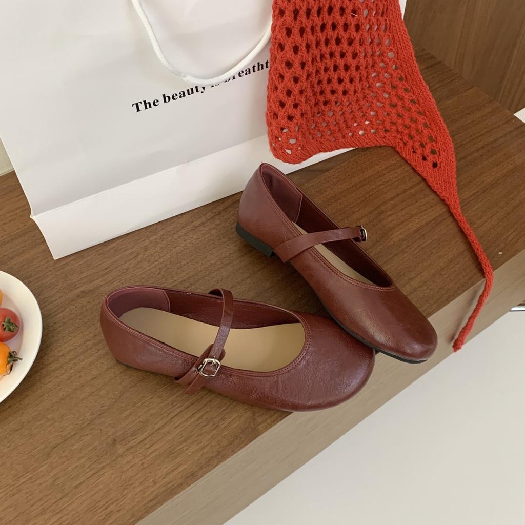 2025 Spring New Korean Version Mary Jane Shoes Women's Retro Shoes Niche Design Flat Bottom One-word Buckle Shallow Mouth Single Shoes