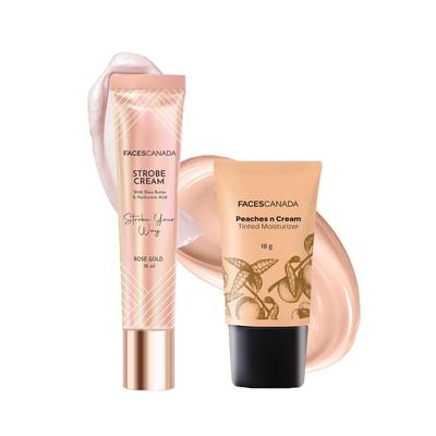 FACESCANADA Flawless Glow Combo - Strobe Cream Rose Gold (18ml) + Tinted Moisturizer - Light 01 (18 Gm) | Illuminating & Glowing Makeup Base | Li