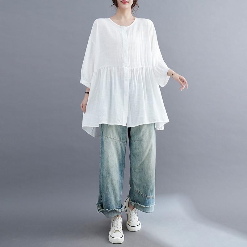 Johnature Summer Thin Simple Solid Color Women Tops Casual O-neck Loose Irregular Short Sleeve All Match Shirts