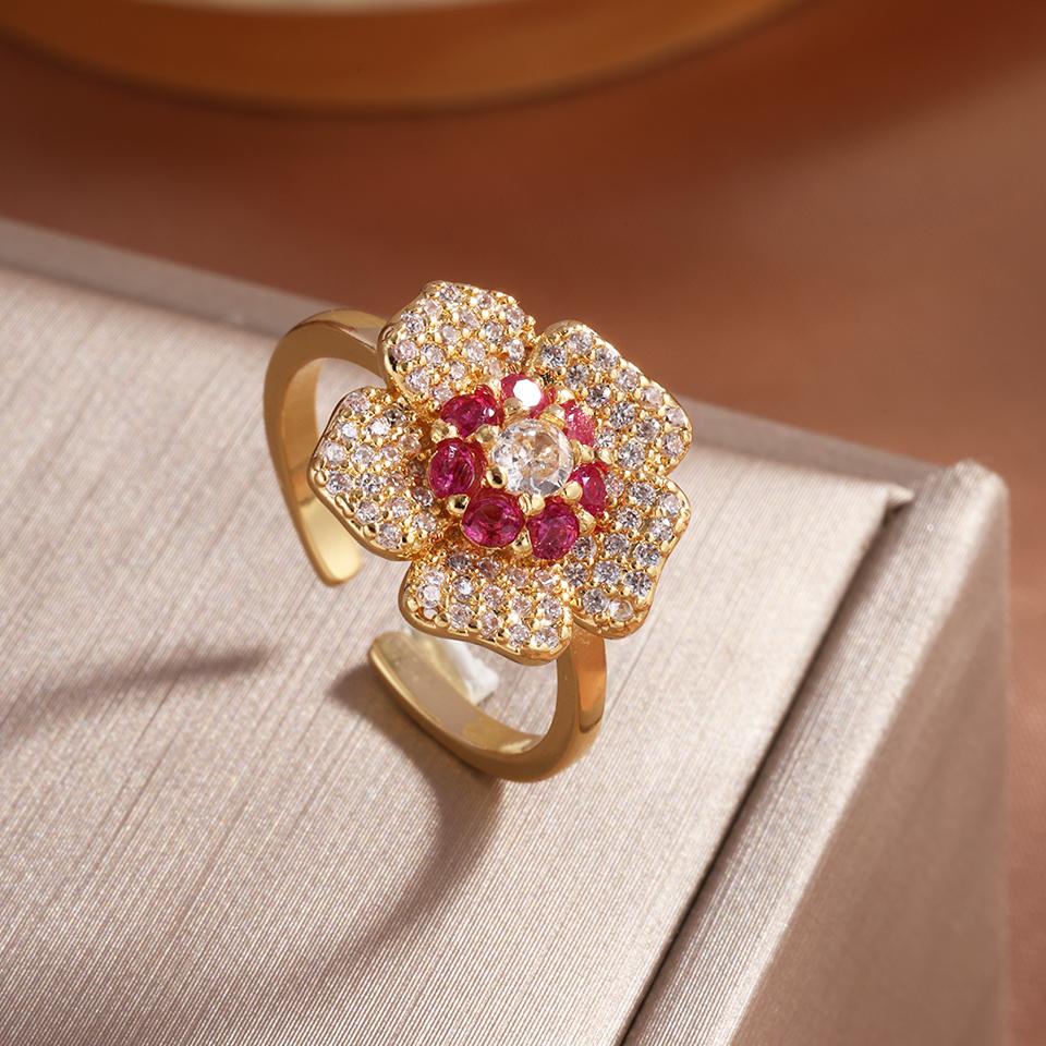 ZAKOL Bling CZ Flower Stud Earrings AAA Cubic Zirconia Aesthetic Women's Ear Accessories Bright Red Earrings Trendy Zircon Gift