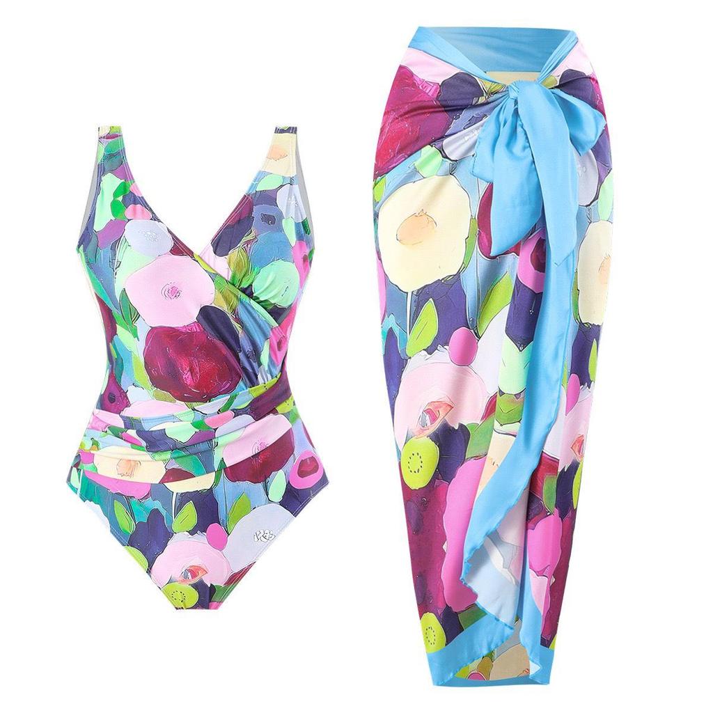 Europäischer Print-Bikini 2025 mit Sonnenschutz-Gaze-Rock - Resort-Bademode