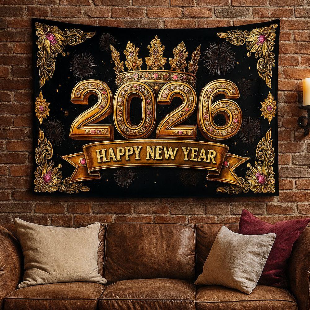 Black Gold 2026 New Year Banner Firework Balloons Glitter Pink Party Backdrop Celebrate Polyester Photography Backdrop