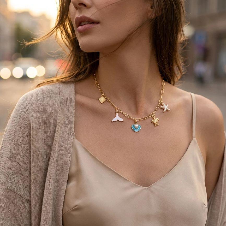 Bohemia Gold Color Starfish Conch Turtle Pendant Necklace for Women Handmade Metal Chain Necklaces Summer Beach Party Jewelry