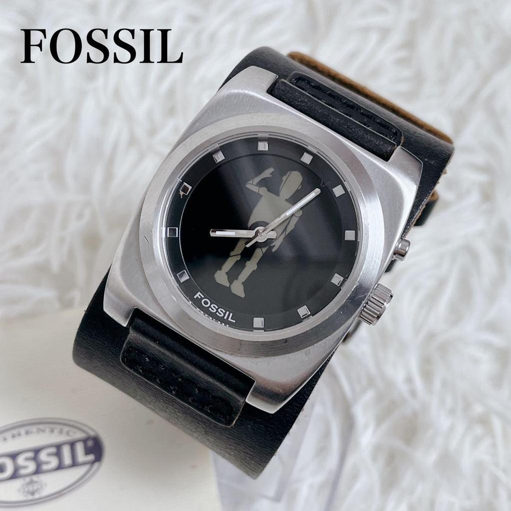 Used FOSSIL BIG TIC Robot Leather Watch Y2K Quartz