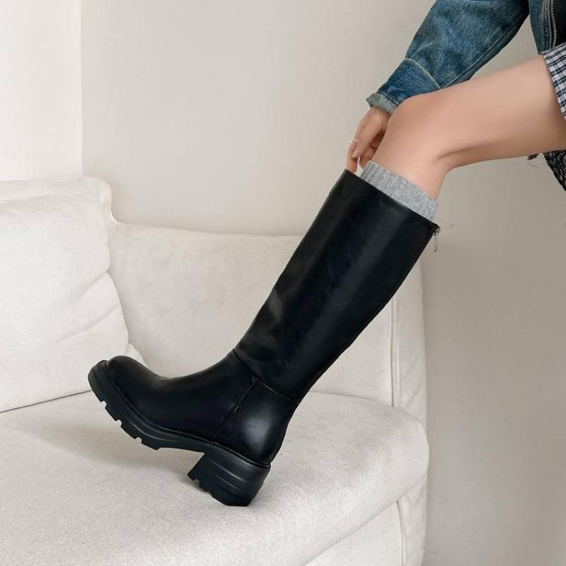 Autumn and Winter Medium Heel Large Size Knight Boots Women's Solid Color Sleeve Large Tube Circumference Women's Boots Thick-soled Versatile Cowhide