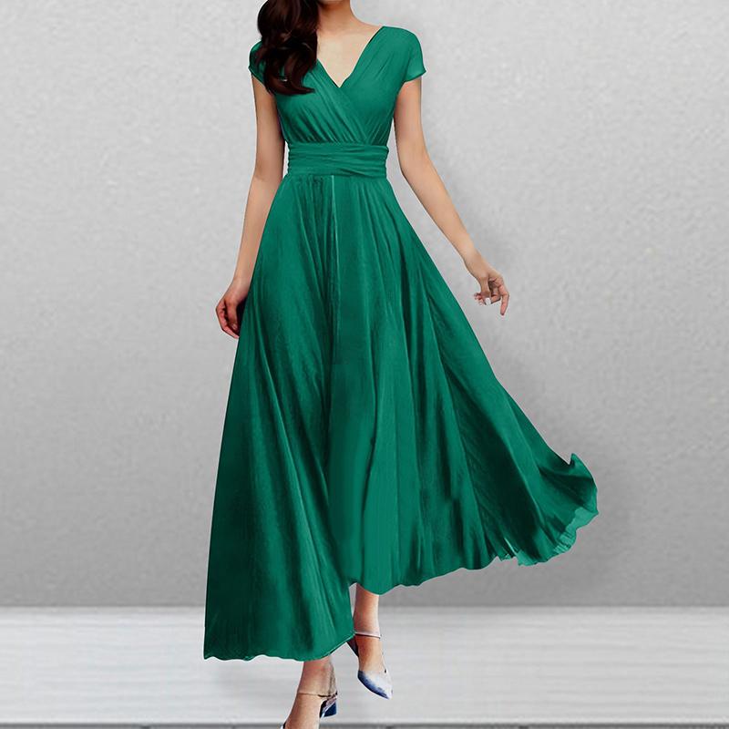 Women's Fashion V Neck Short Sleeve Evening Party Dress Solid Long Cocktail High Waist Summer Dresses