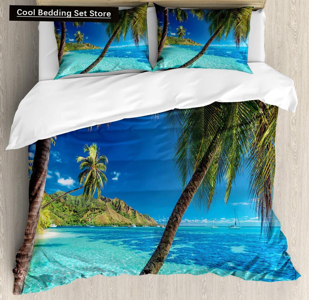 Summer Beach King Queen Duvet Cover Blue Ocean Fish Bedding Set Hawaiian Sea Palm Trees Quilt Cover Marine Life Comforter Cover