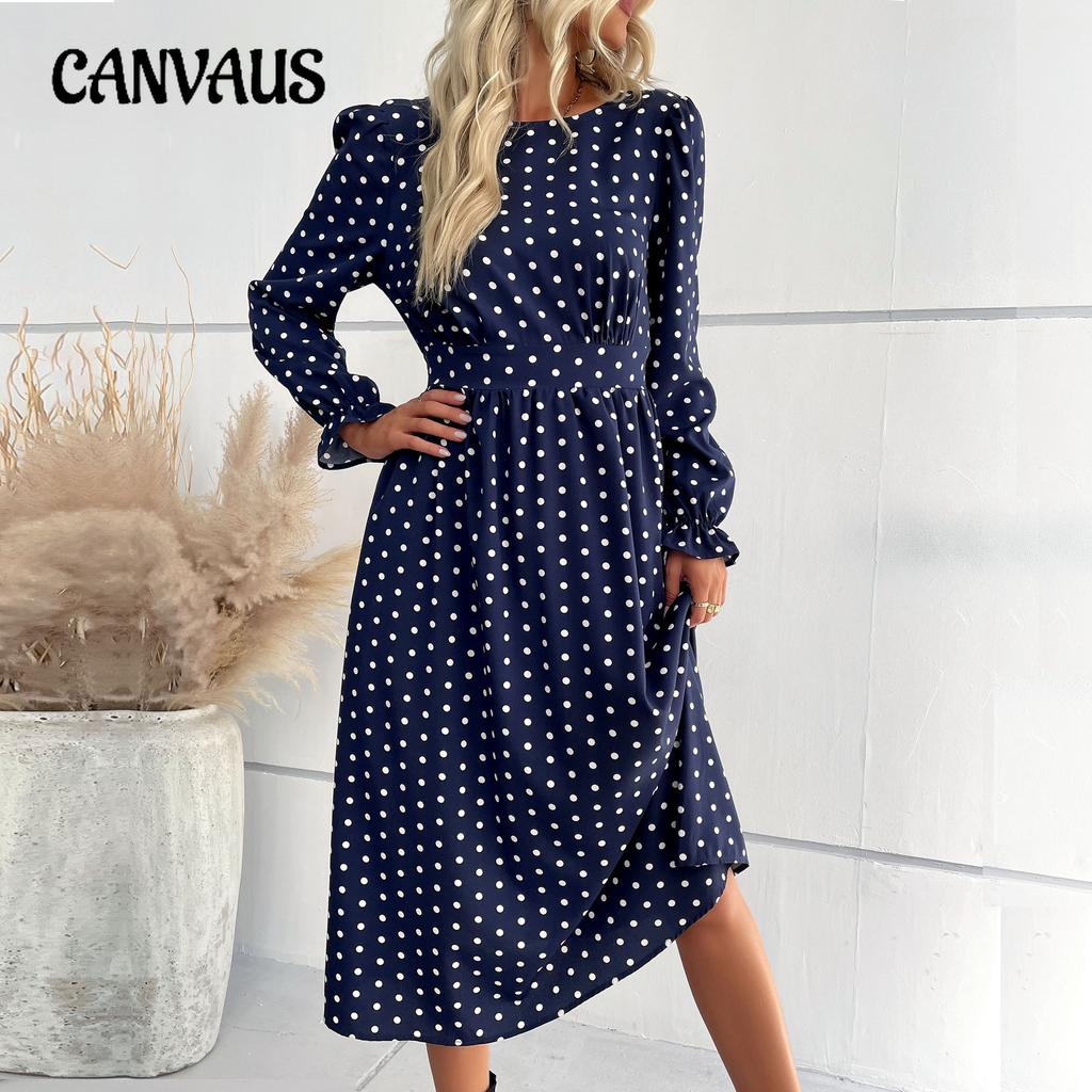 Robe mi-longue à pois bleus à manches longues pour femme, mode printemps et automne
