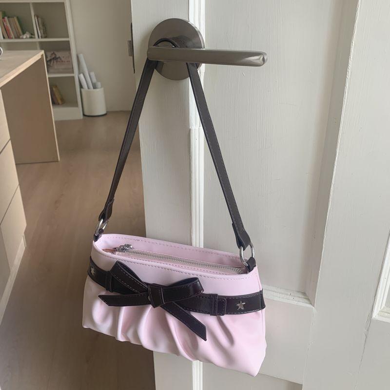 

Korean Hot Girl Bow Studded Handbag Women Simple Design Sweet Shoulder Bag Ladies Elegant Fashion Underarm Purse Y2k Aesthetic 26x13x5cm рожевий