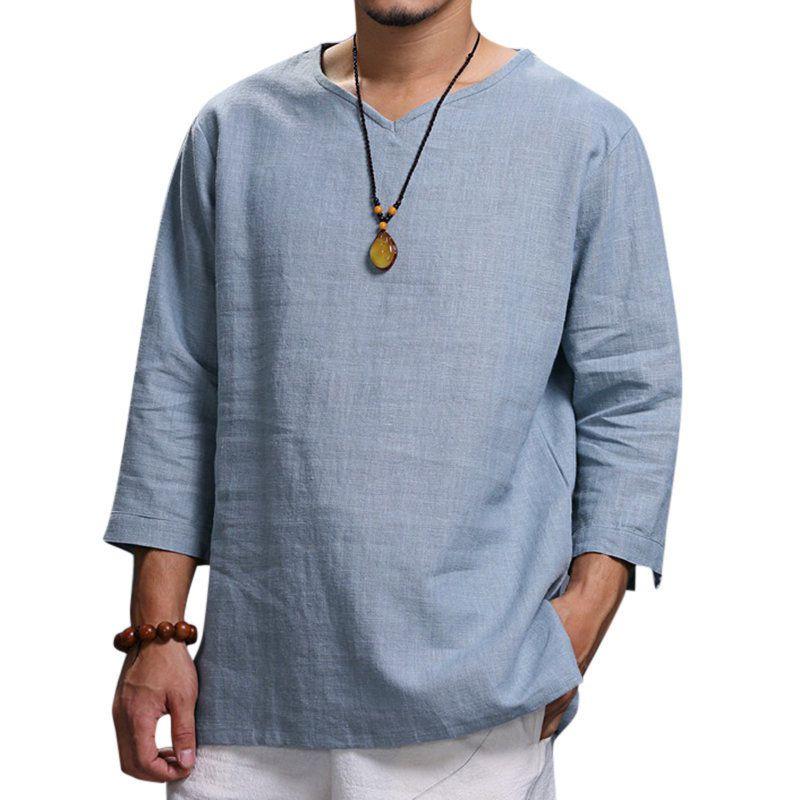 Shirt Mens Loose Long Sleeve V Neck Cotton Linen T Shirts Vintage Tops Blouse