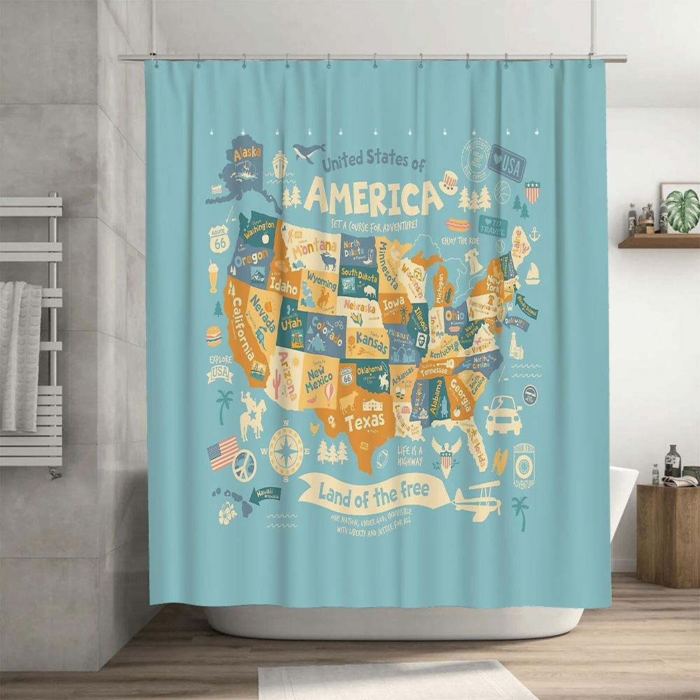 USA Karte Duschvorhang Amerikanische Staaten Reise Vintage Heimdekoration Wasserdichter Badezimmervorhang Künstlerische USA Flagge Wandbehang