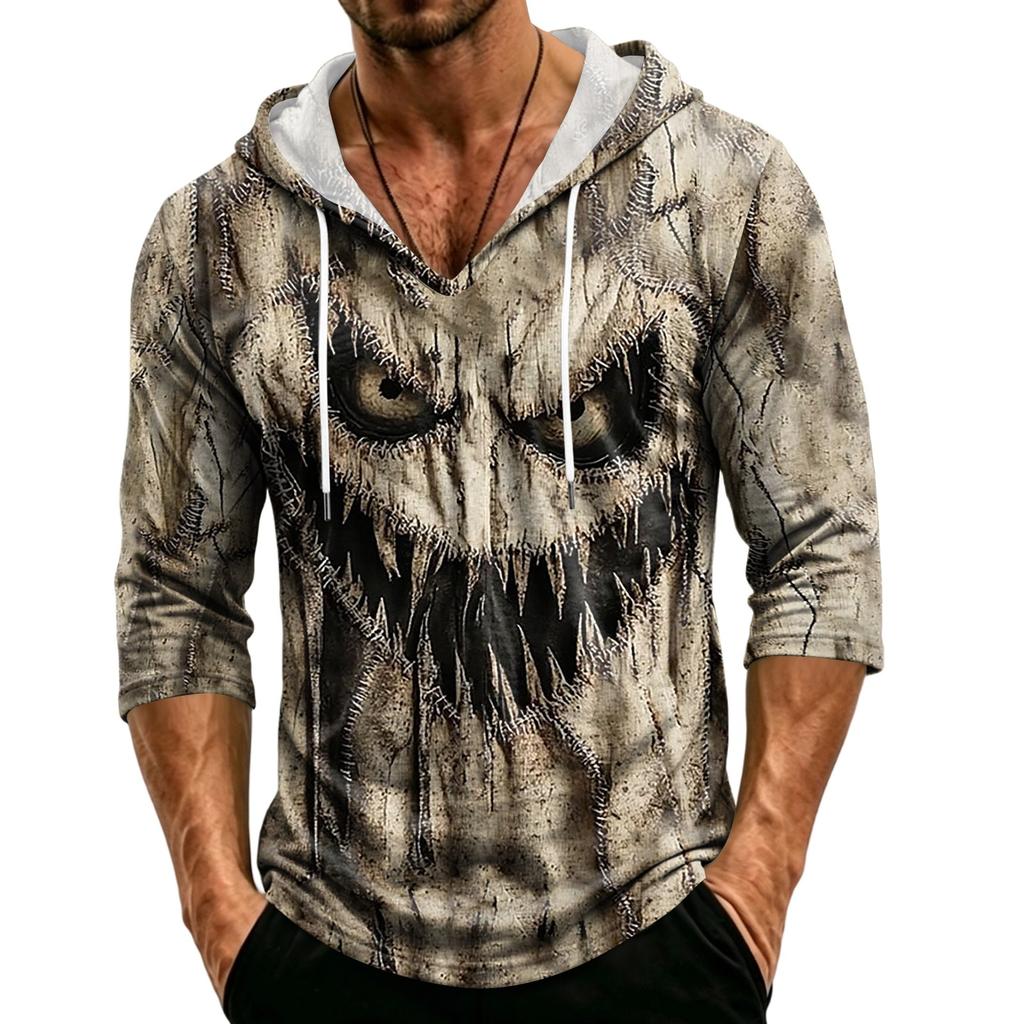 Men's Loose Fit Hooded Three-Quarter Sleeve Halloween Print Pullover