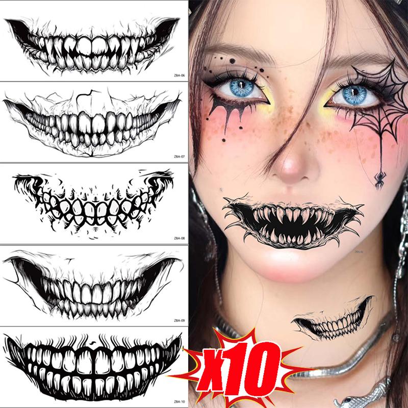 Halloween Horror Big Mouth Tattoo Sticker Waterproof Lasting Realistic Horror and Funny Temporary Tattoo Stickers 1/10PCS Random