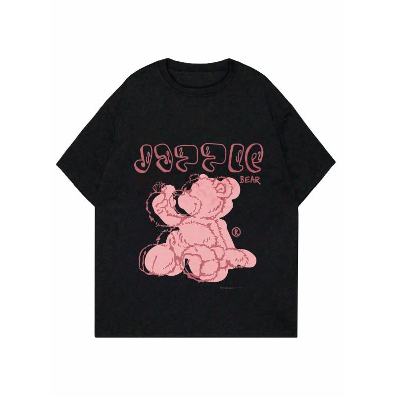 Pink "Jazzle Bear" Cartoon Bear Printed Black Women's Short-Sleeve T-Shirt