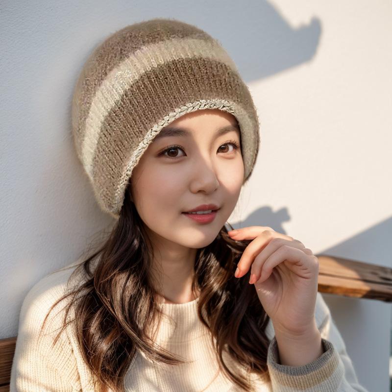 Woolen Hat, Women's Pile Hat, Autumn and Winter Thick Double-layer Warm Knitted Hat