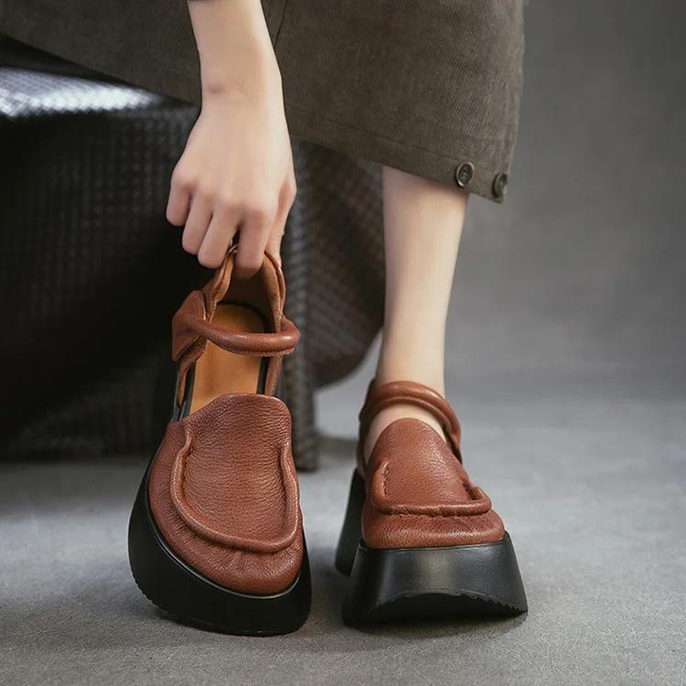 Johnature Sandales en Cuir Véritable à Semelles Épaisses Bout Rond Rétro Talon Épais Chaussures Plateformes pour Femmes