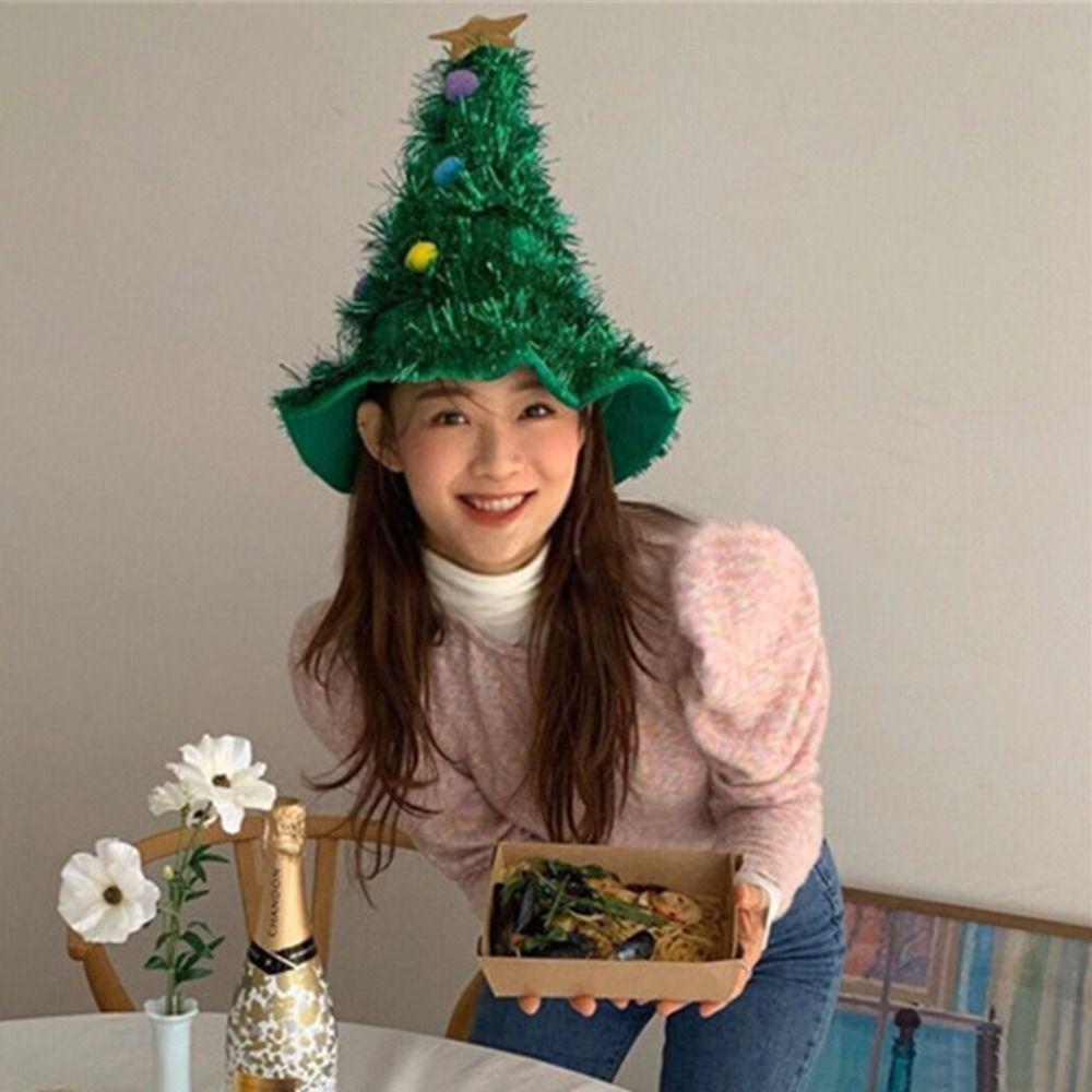 Fancy 2025 Ins Christmas Tree Hat Fabric Rain Silk with Star Tinsel Christmas Headband Gift Cap Decoration Photo Props