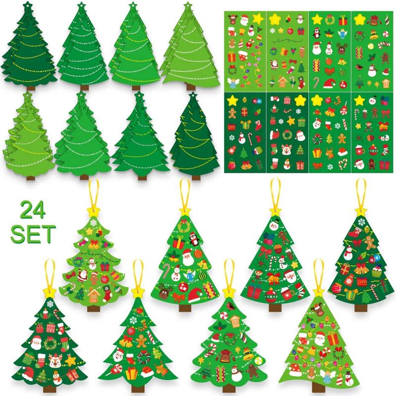 Christmas Tree DIY 24 Card Sticker Set With Paper Cards, Sticker Sheets And Golden Ribbons For Kids Holiday Crafts And Hanging Ornaments 24 set