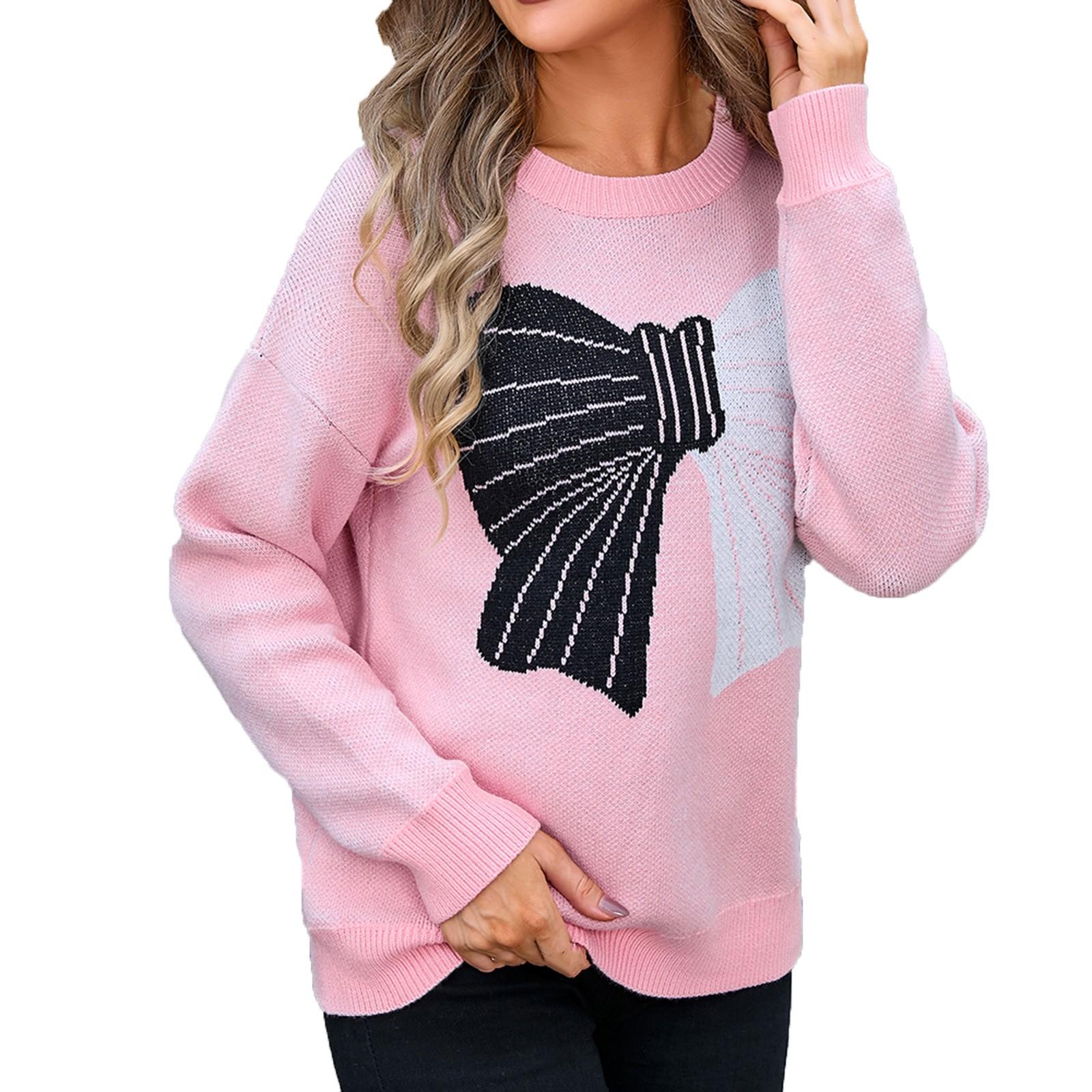 

Женский повседневный модный удобный пуловер с круглым вырезом контрастного цвета с бантом и длинным рукавом уличный тренд вязаный свитер M розовый