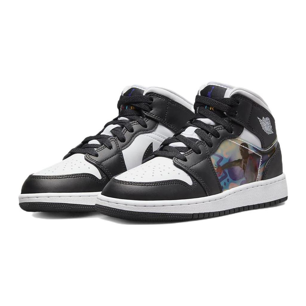 Air Jordan 1 Mid GS Hologram Kids Sneakers Black New-Emerald University-Red DR9495-001