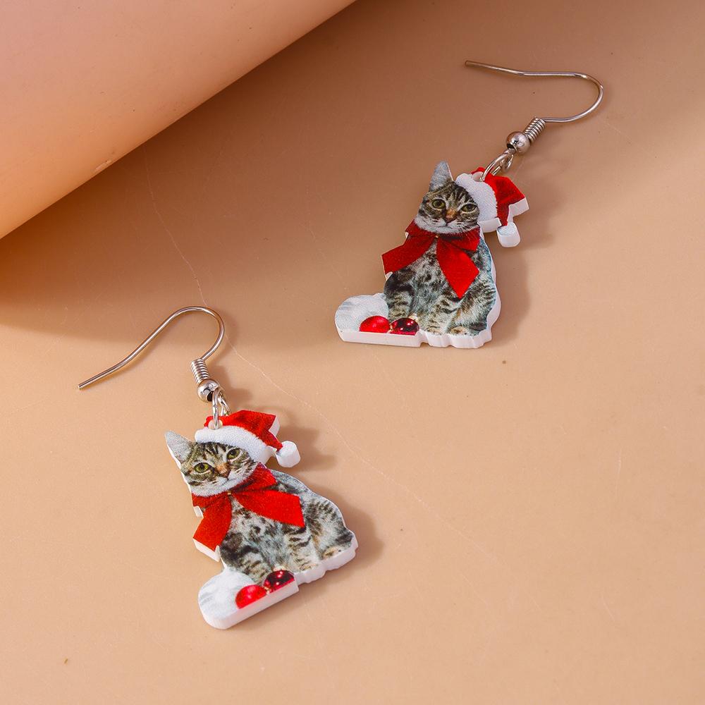 Cute Christmas Cat Drop Earrings for Women Girls Cartoon Animal Earrings Party Holiday Jewelry Gifts