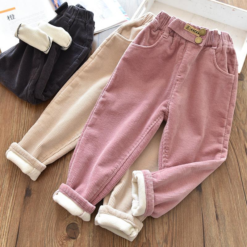 Girls Winter Thickened Corduroy Pants Fleece Lined Warm Casual Trousers For Kids