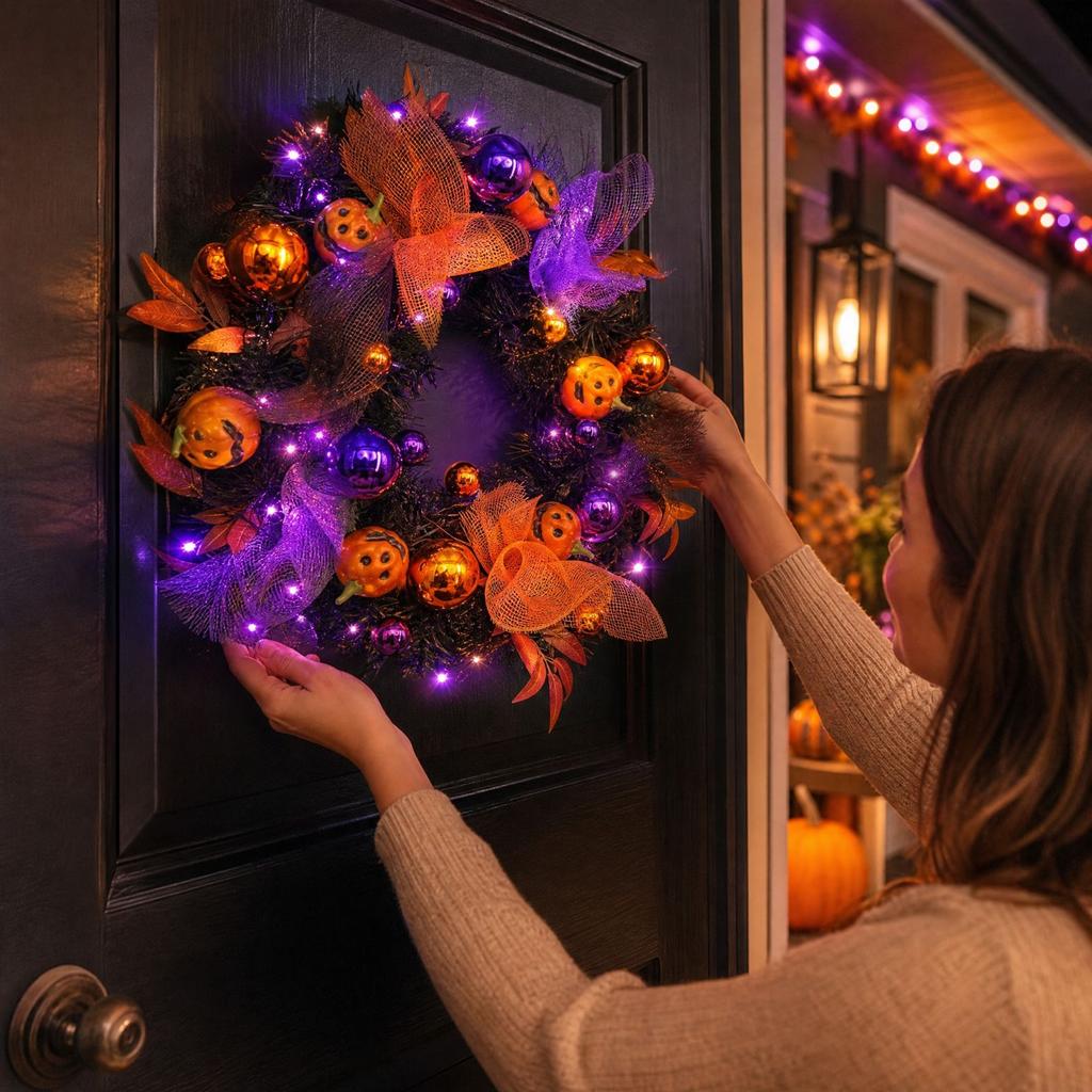 Halloween Pumpkin Wreath with Spooky Face and Lights for Front Door Decor