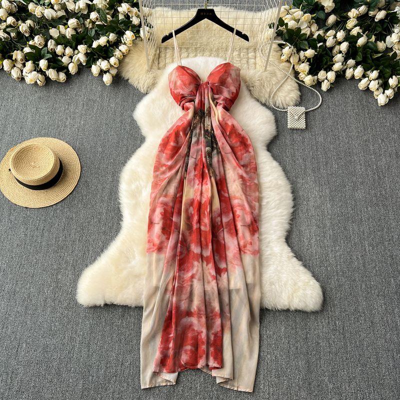 Holiday Atmosphere Dress Women's New Chinese Style Printed Skirt French Minority Chic Fairy Temperamental Suspender Dress