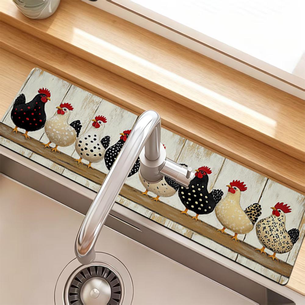 1 pièce Poulets Colorés Tapis Absorbant pour Robinet, Tapis de Drainage, Évier de Cuisine, Tapis de Drainage pour Plan de Travail, Lavabo en Terre de Diatomées, Tapis Découpable à Séchage Rapide