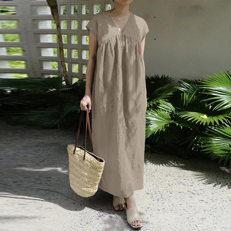 ZANZEA Women Casual V-Neck Summer Short Sleeve Long Dress