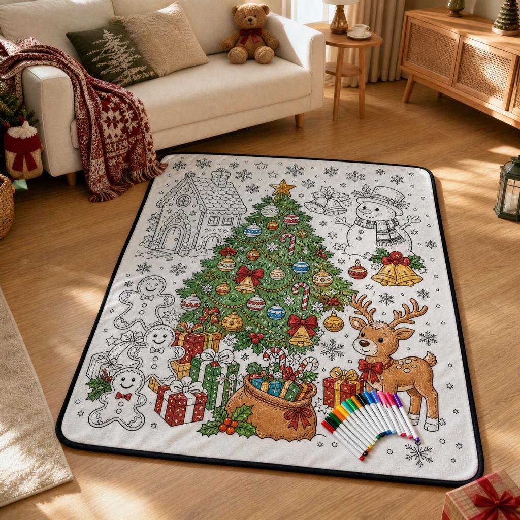 Coperta da Colorare Doodling di Natale con Pennarelli Acquerello per Bambini e Adulti - Morbido Plaid in Velluto 100cm per Divertimento Rilassante