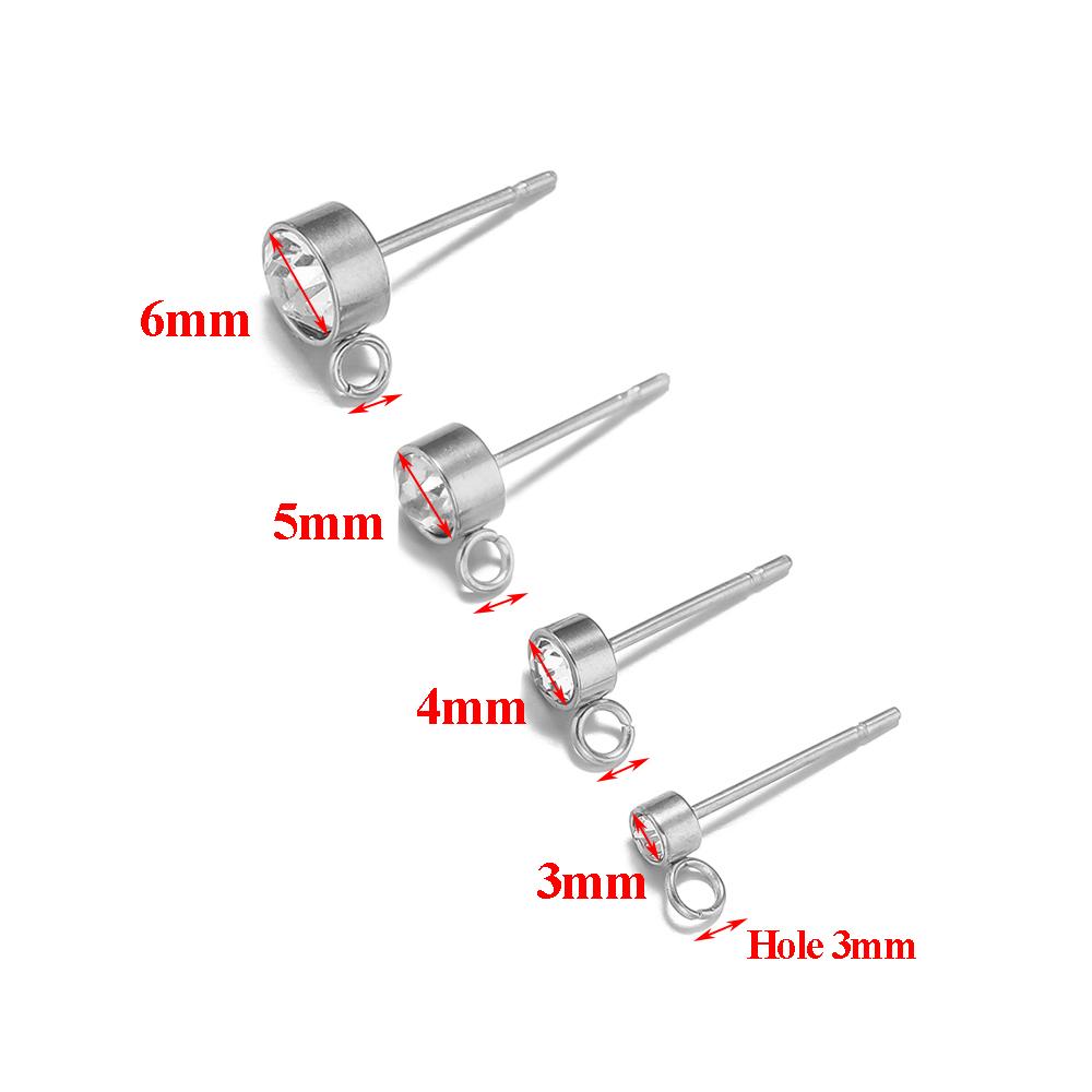 20Pcs Stainless Steel 3 4 5 6mm Zircon Stud Earrings Post with Hook for DIY Earrings Making Jewelry Wholesale Findings Supplies