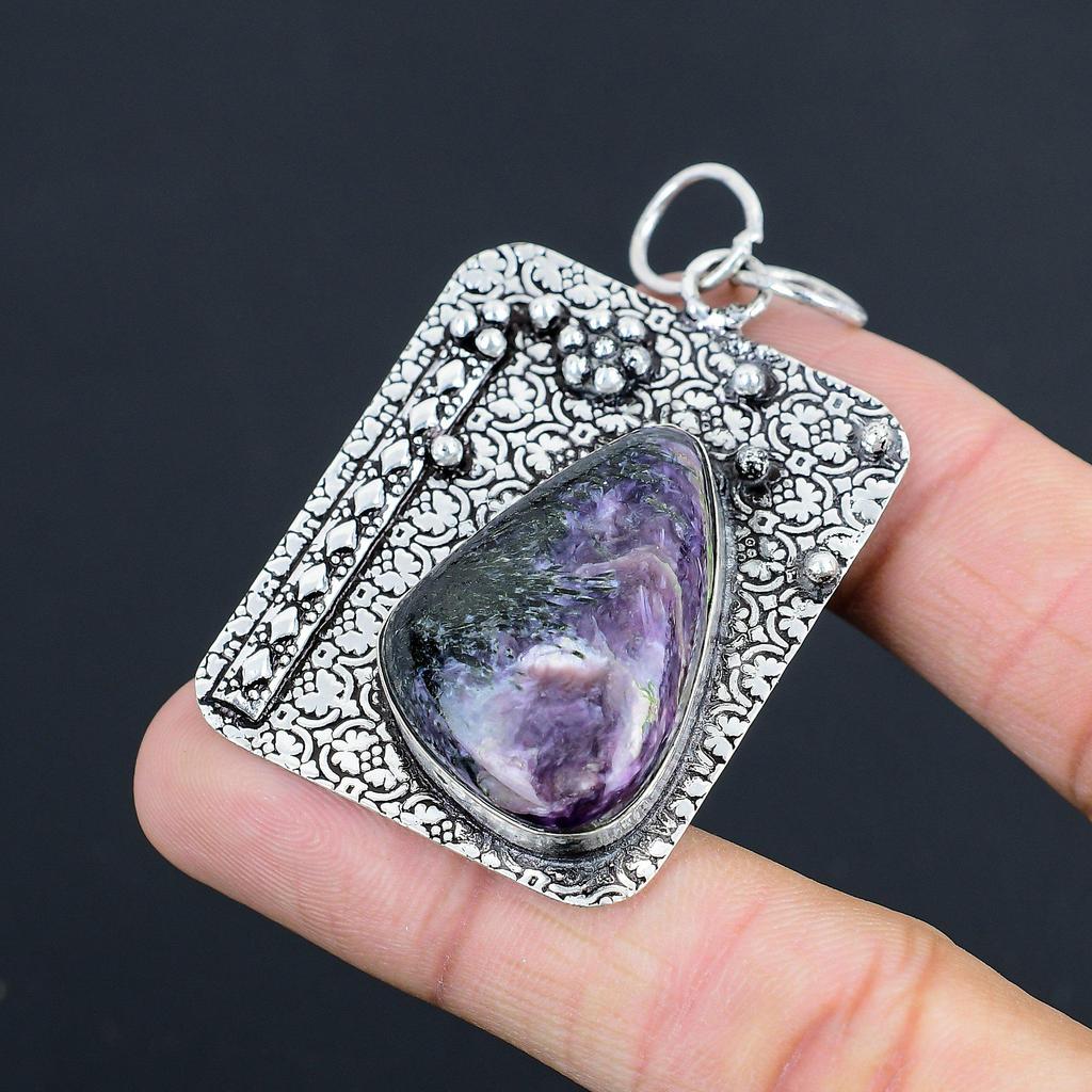 Sisters Day Deal Trillion Charoite Gemstone 925 Sterling Silver Art Deco Pendant