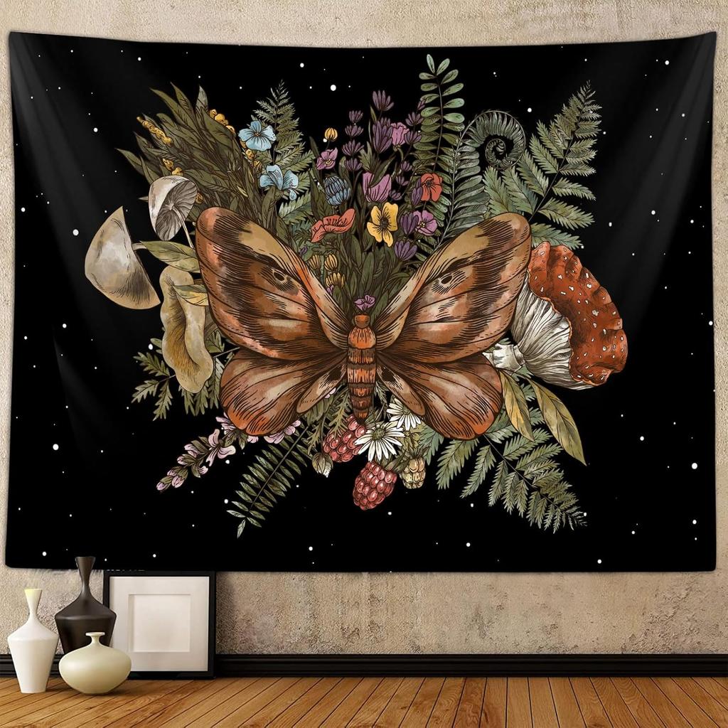 Boho Pilz Libelle Wandteppich für Schlafzimmer Ästhetisch Vintage Botanische Pflanzenkunst Wandbehänge für Studentenwohnheim