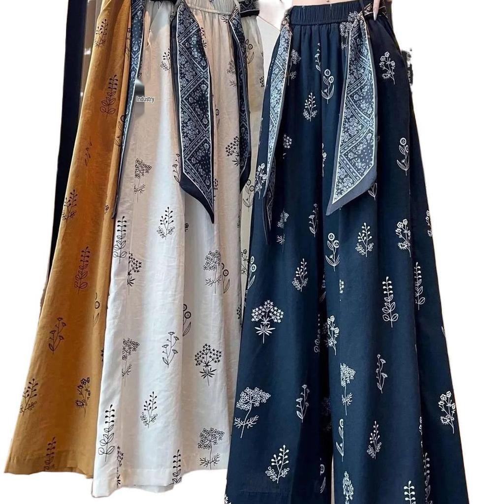 Women's Ethnic Style High-Waist Ice Silk Wide-Leg Cropped Trousers - Summer Slimming Print