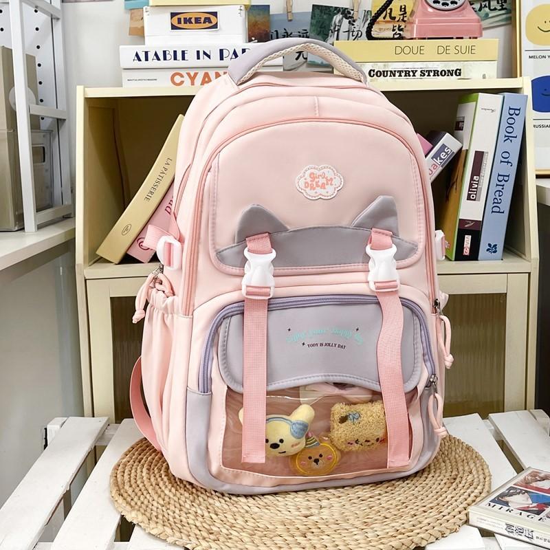 

Нейлоновый легкий рюкзак с двойным отделением и цветными блоками Pink with Doll