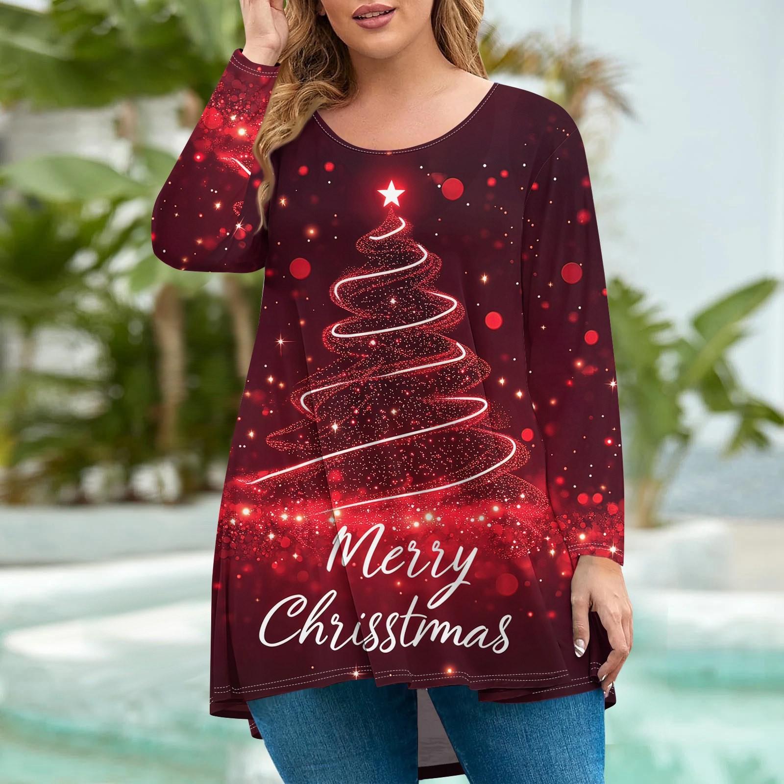 

Женская мода большого размера с круглым вырезом и длинным рукавом, повседневный свободный пуловер с рождественским принтом XXXL винный