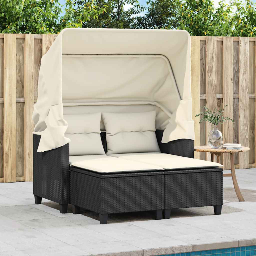 2 Seater Garden Sofa with Canopy and Footstools Black Poly Rattan