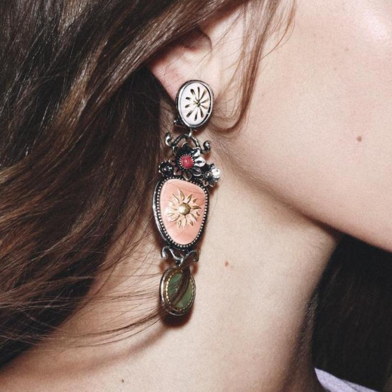 Vintage Exaggeration Alloy Drop Oil Flower Green Beads Dangle Earrings Bohemian Style Charm Holiday Party Jewelry Accessories