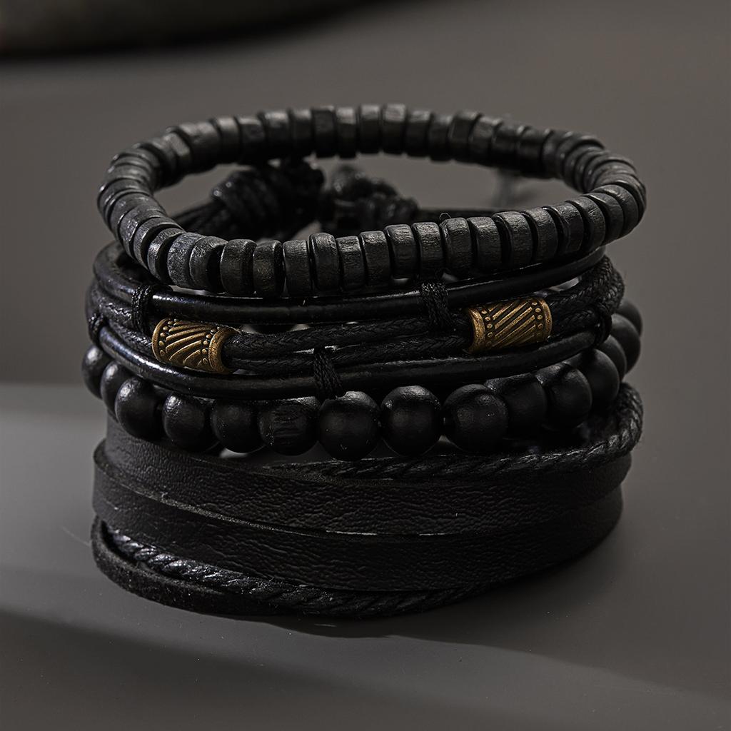 Handmade Vintage Multilayer Men Leaf Leather Bracelet Braided Star Knot Leaf Rope Wood Beads Wrap Bracelets & Bangles Male Gift