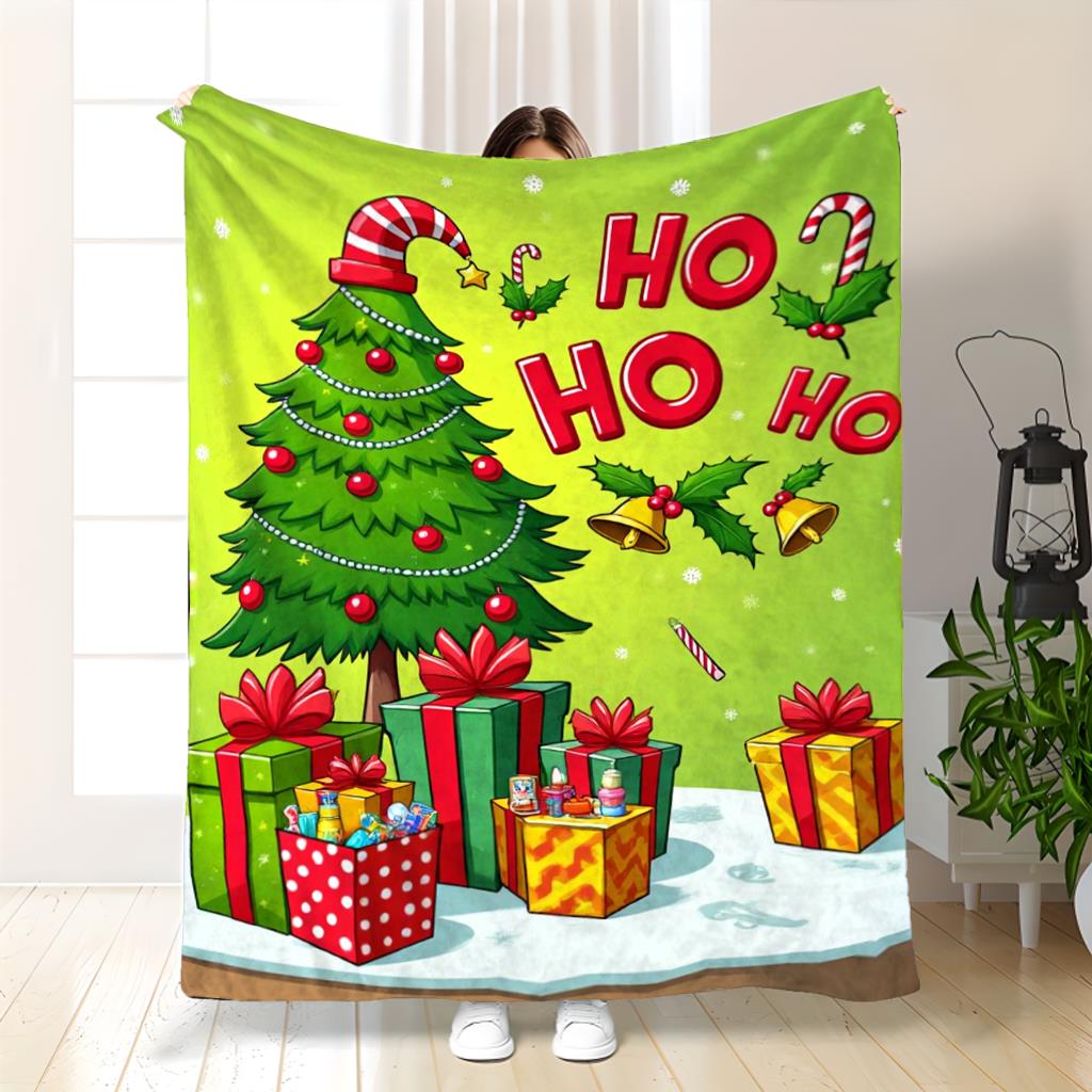 Cozy Flannel Christmas Tree Blanket, Perfect for the Holidays, Featuring Cheerful Colors, Snowflakes, and Santa Claus Gifts. An