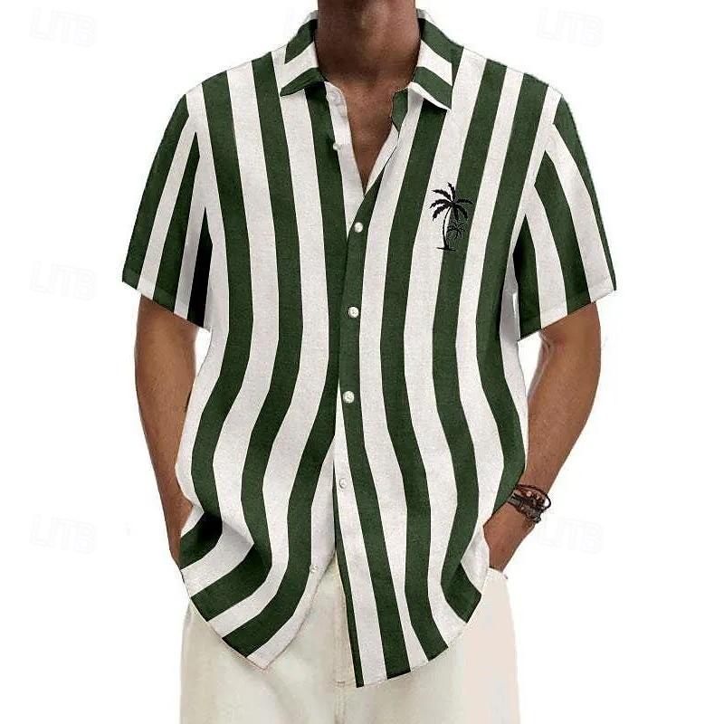 2025 Hawaiian Shirt Men's Summer New Coconut Tree Striped Short Sleeve Shirt Tops Casual Popsicle Shirt Button polyester Clothes