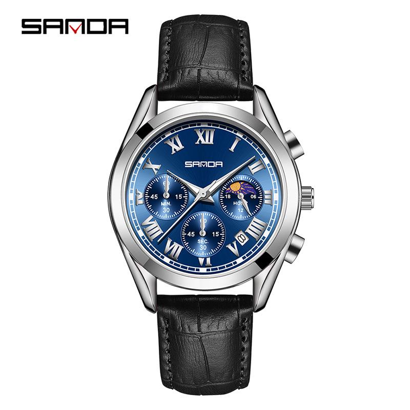 SANDA Men's Luminous Quartz Watch with Moon Phase, Calendar, and Leather Strap - Waterproof Business Casual Design.