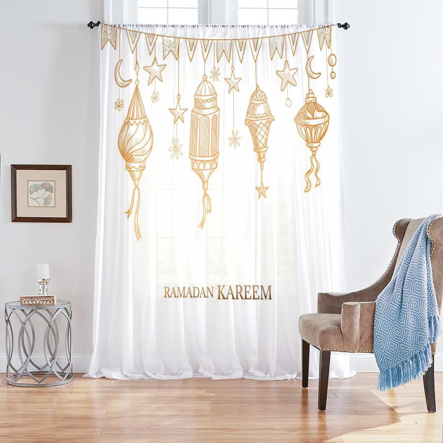 

1PCS white background gold border starry moon lantern curtain Ramadan festival style living room bedroom translucent curtain 100*130 Grommet Top 1pcs