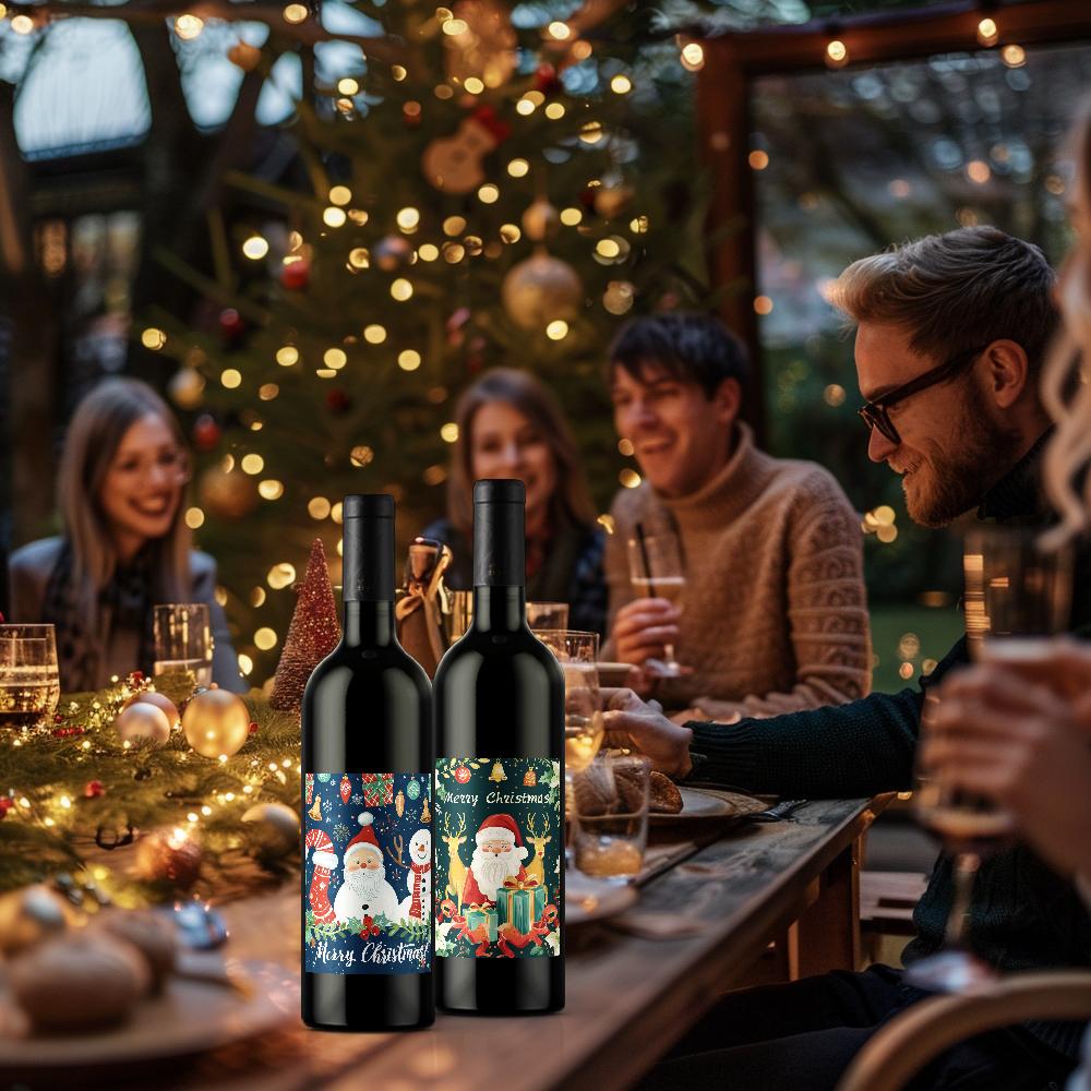 9pcs Christmas Decoration Wine Bottle Waterproof Stickers 5x3.93inch Christmas Wine Label, Christmas Party Decoration