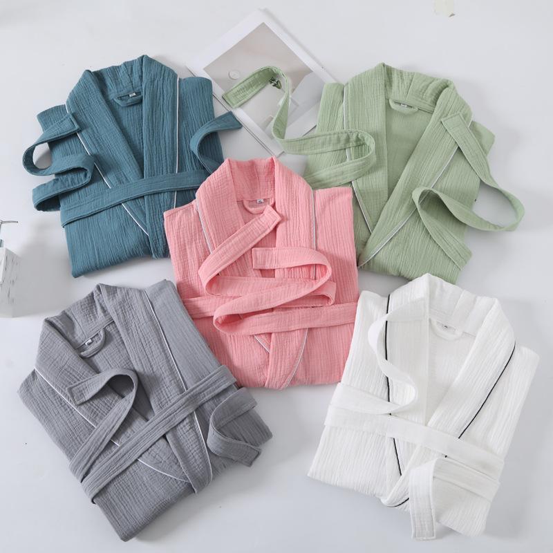 Summer Thin Cotton Bathrobe Double Layer Gauze Short Sleeve Nightgown for Men and Women Absorbing and Quick Drying Bathrobe